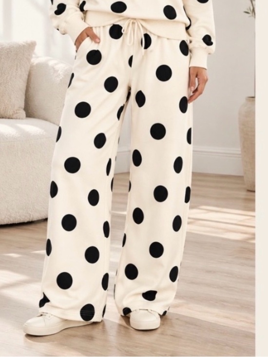 Zenana Outfitters Pants - Zenana Outfitters Cream Wide-Leg Polka Dot Lounge Pants